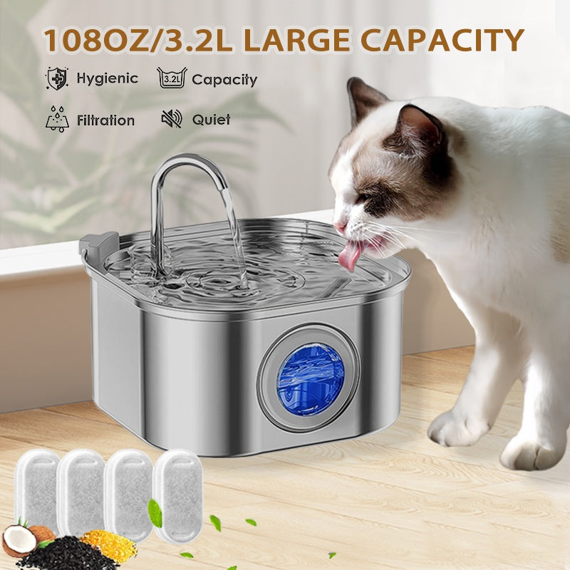 Stainless Steel Cat Water Fountain 108oz, Quiet Filtered Flow