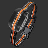 Pet collar with orange and black pattern on a white background