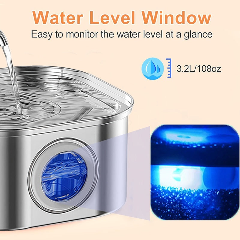 Stainless Steel Cat Water Fountain 108oz, Quiet Filtered Flow