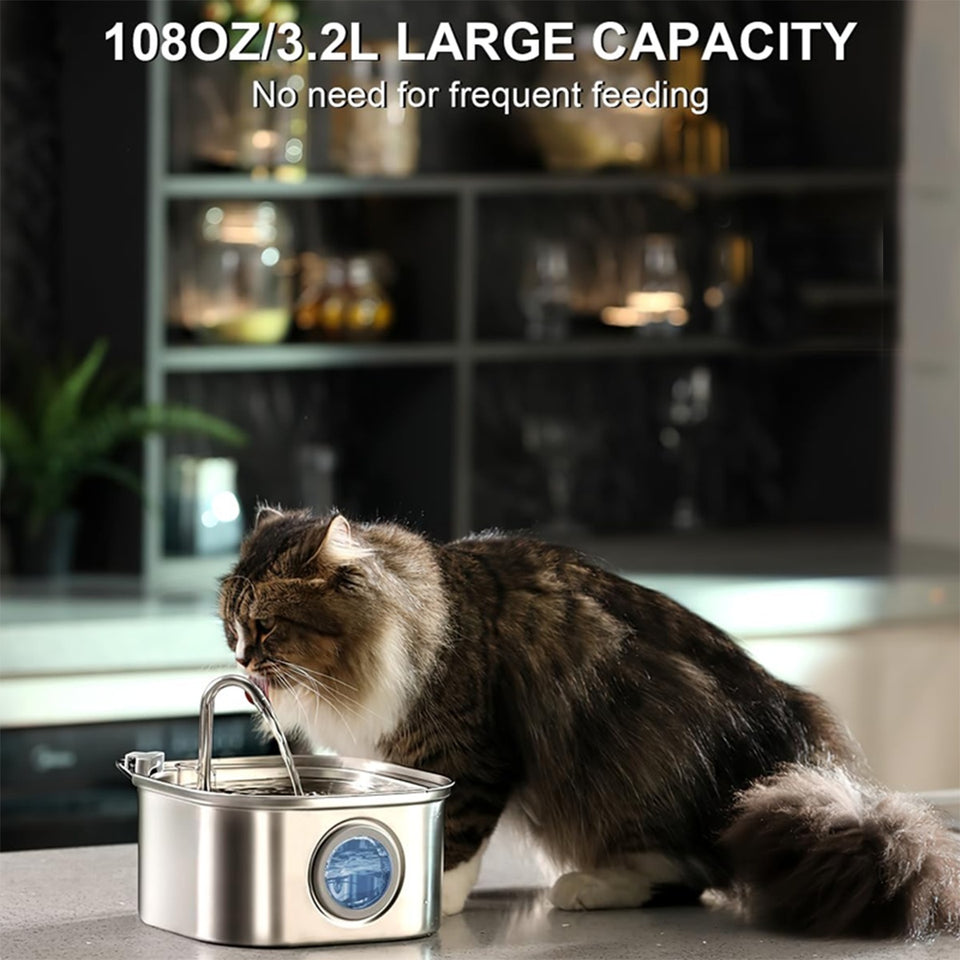 Stainless Steel Cat Water Fountain 108oz, Quiet Filtered Flow