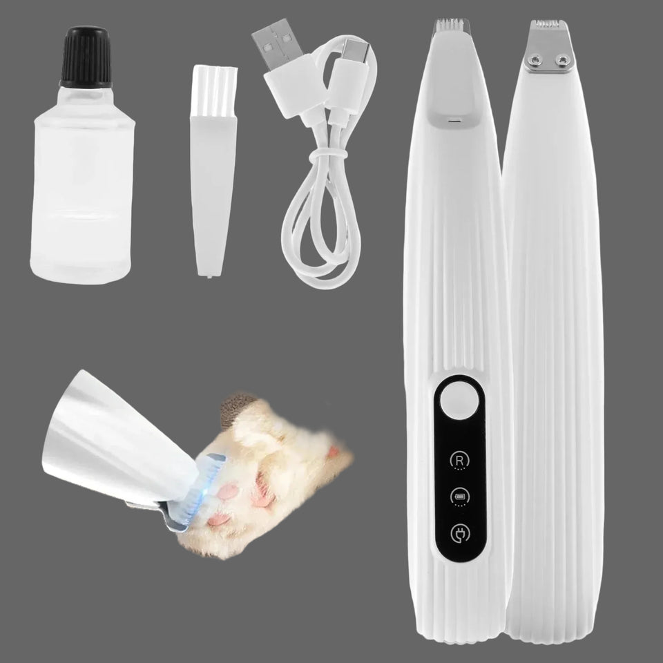 Pet grooming tool set with a close-up of a paw being groomed.