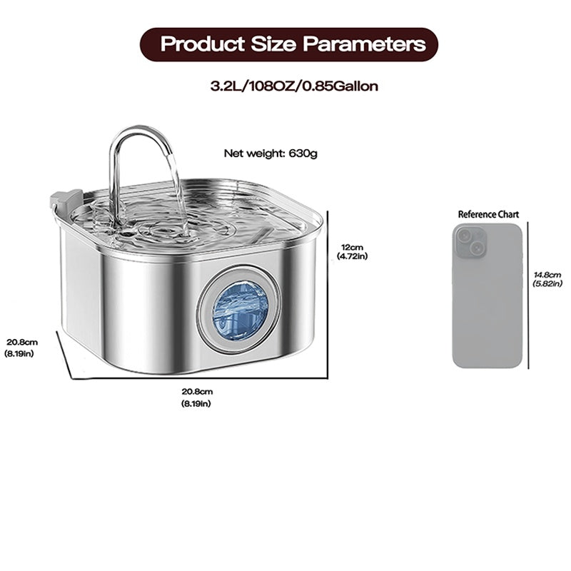 Stainless steel pet water bowl with dimensions and weight information on a white background