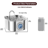 Stainless steel pet water bowl with dimensions and weight information on a white background